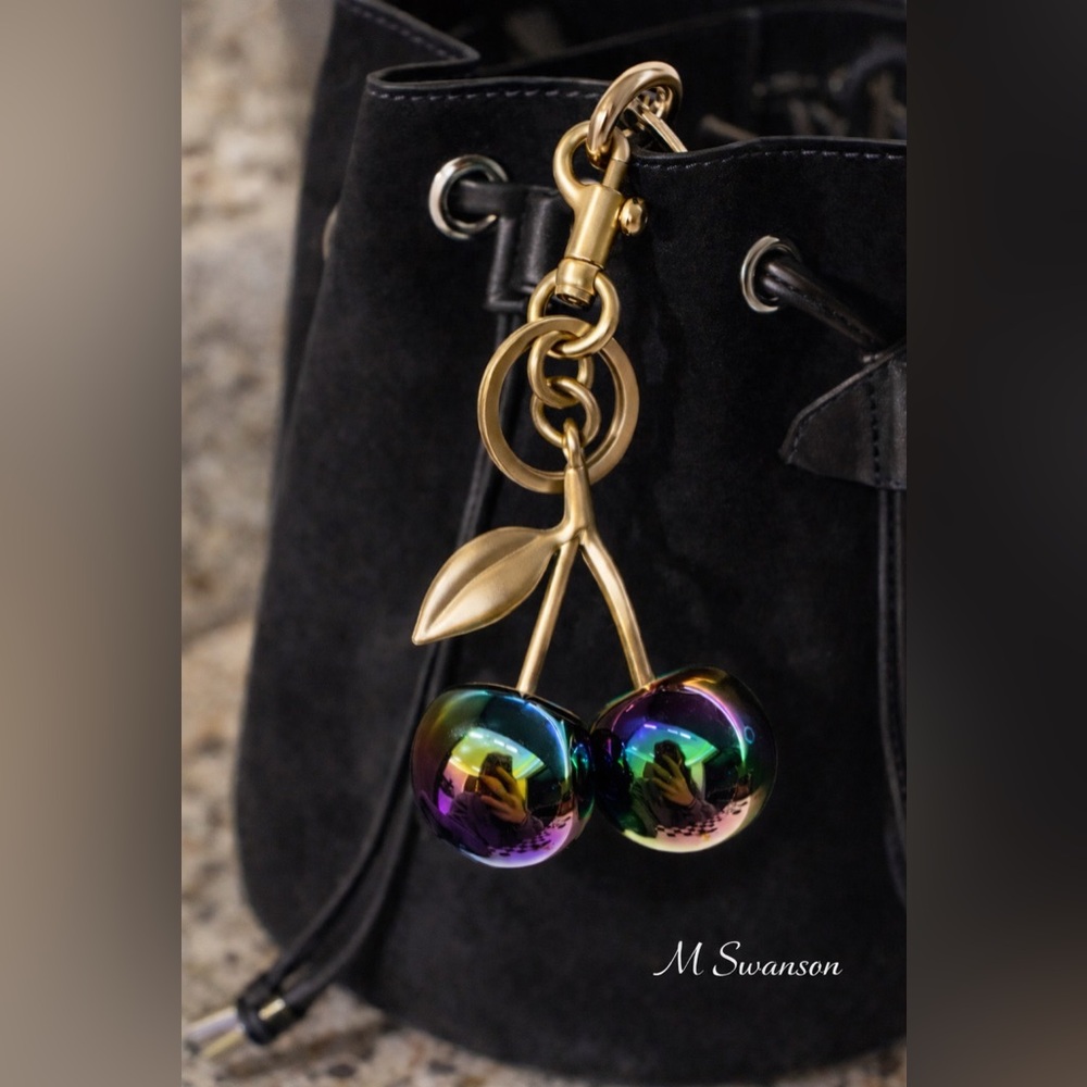 NEW Cherry Charm Keychain Gold and Multicolor Oil Slick NWT